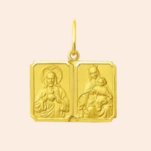 Pingente escapulário Nossa Senhora do Carmo e Sagrado Coração de Jesus Ouro 18K
