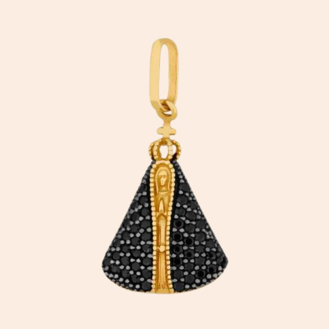 Pingente Nossa Senhora Aparecida com Manto Azul Safira Ouro 18K