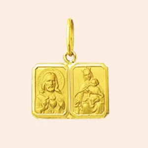 Pingente Escapulário Nossa Senhora do Carmo e Sagrado Coração de Jesus Ouro 18K