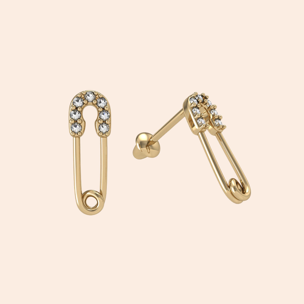 Brinco Baby Alfinete Zircônia Ouro Amarelo 18K