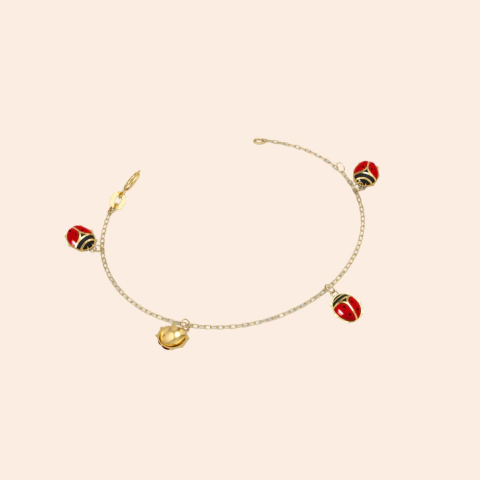 Pulseira Infantil com Joaninha Oca Ouro 18K