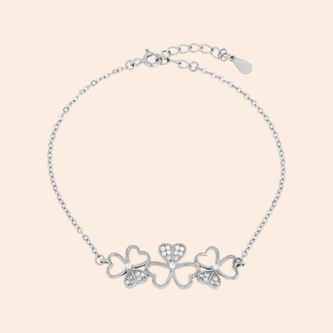 Pulseira 3 Trevos - Corações em Prata