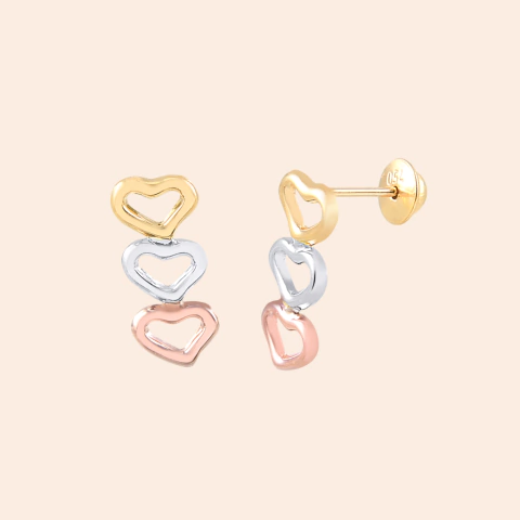 Brinco 3 Ouros com Corações Vazados