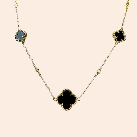 Gargantilha Trevos Pretos Ouro Amarelo 18K