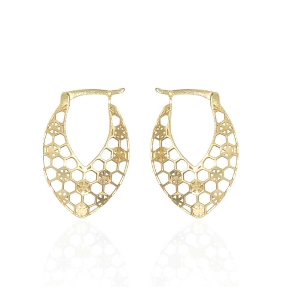 Brinco Argola Folha Hexágonos em Ouro 18k